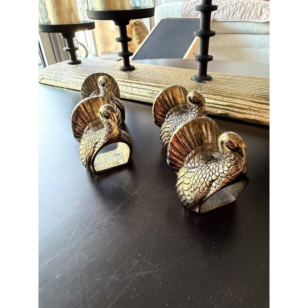 Brass Turkey Napkin Rings Set of 4 | Elegant Thanksgiving Table Decor - Picture 3 of 10